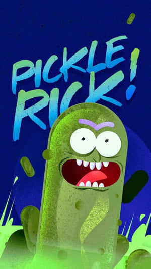 卡通酸黃瓜角色尖叫，帶有「PICKLE RICK!」文字，綠色和藍色。 — iPhone 8 壁紙