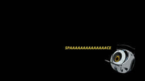 一個帶有黃色眼睛的白色機械人，在太空中漂浮在「SPAAAAAAAAACE」一詞旁邊。 — 傳送門 壁紙