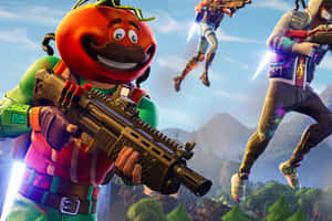 遊戲角色在山地上空進行空中戰鬥，手持武器。 — Fortnite 造型 壁紙