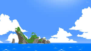 卡通島嶼，有樹木同岩石喺藍色海洋中，喺白色雲朵下。 — 薩爾達 GIF 壁紙