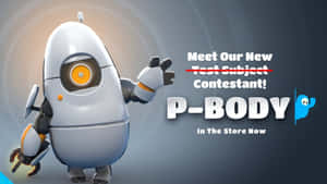 白色機械人，橙色眼睛，在「P-BODY」遊戲廣告文字旁邊揮手。 — 傳送門 壁紙