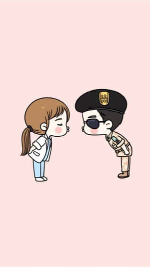 一個Q版女孩和一個獨眼警察臉紅相對。