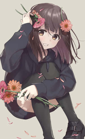 動漫女孩，棕色頭髮，頭髮和手上戴著粉紅色的花朵，溫柔地微笑。 — Galaxy Z Fold 8 壁紙