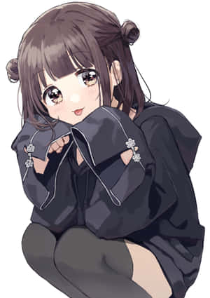 穿著帶有花卉紐扣的黑色外套的動漫女孩，微笑著擁抱自己。 — IQOO Pad5c 壁紙