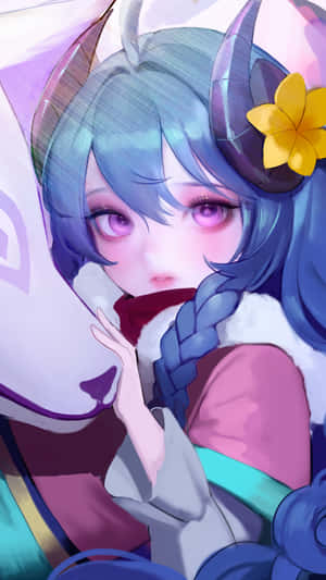 動漫女孩，藍色頭髮和狐狸耳朵，抱著一個毛絨狐狸頭。 — 黑川伊佐那 壁紙