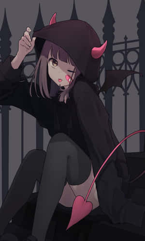 動漫女孩打扮成可愛的惡魔，有粉紅色的角和尾巴，坐在大門旁。 — Nubia Flip2 壁紙