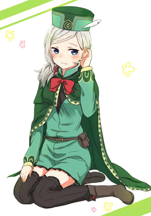 穿著綠色制服、繫著紅色蝴蝶結的動漫女孩盤腿坐著 — Huawei Pura X Max 壁紙