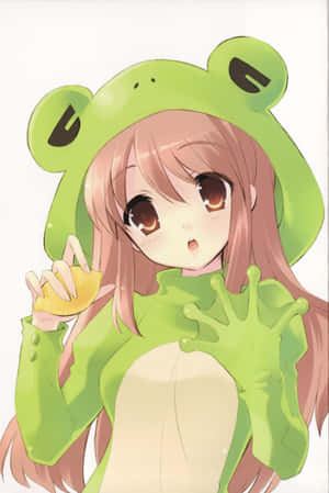穿著綠色青蛙服裝的動漫女孩，帶著驚訝的表情拿著一個檸檬。 — 靚靚動畫 壁紙