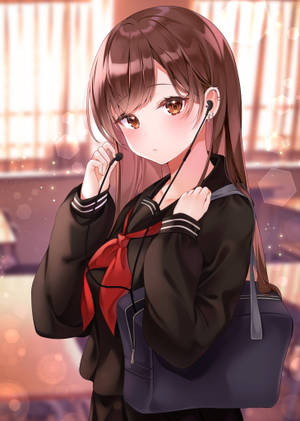 動漫女學生穿著校服，戴著紅色蝴蝶結和耳機，在室內拿著書包。 — 可愛動漫女仔 壁紙
