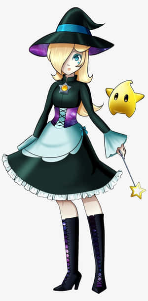 動漫女巫穿著黑色連衣裙，拿著星星魔杖和黃色星星夥伴。 — Pixel 3 壁紙