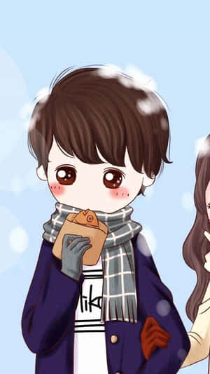 動漫男孩戴著冬季圍巾，在雪中手持熱飲。 — 可愛情侶 GIF 壁紙