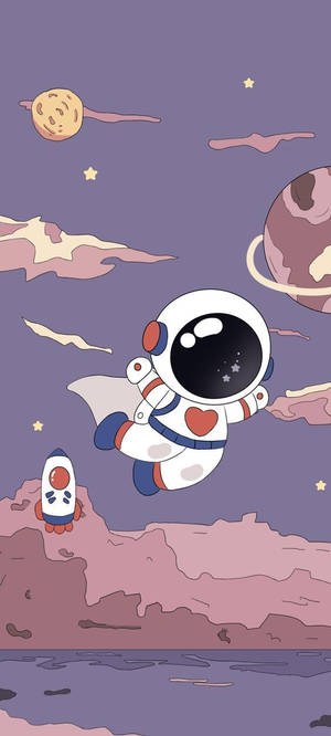 一個卡通太空人，套裝上有心形圖案，漂浮在帶有粉紅色雲和行星的紫色太空中。 — 可愛卡通 壁紙
