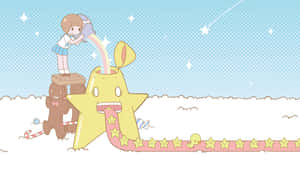女孩在雪景中用彩虹澆灌星星生物 — 太空人 壁紙