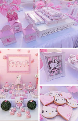 粉紅色Hello Kitty生日派對，配有主題曲奇、蛋糕和裝飾。 — Hello kitty 美學 GIF 壁紙