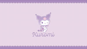紫色Kuromi動漫角色坐在帶有蕾絲邊框的紋理壁紙上。
