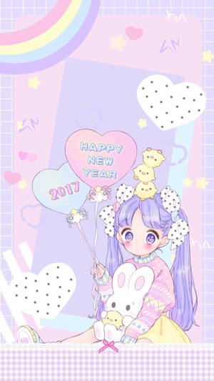 紫發動漫女孩在粉彩裝飾中拿著新年氣球和兔子毛絨玩具。 — 紫色美學 壁紙