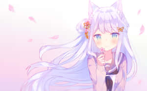 貓耳少女在粉紅色櫻花場景中手持花朵。 — 唯美花朵動圖 壁紙