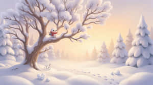 一個戴著紅色圍巾的雪人坐在冬日森林中積雪的樹枝上。 — 超高清 GIF 壁紙