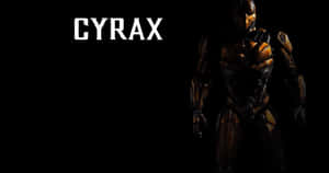 機械戰士 Cyrax 身穿金色和黑色盔甲站在黑暗中。 — 忍者 壁紙