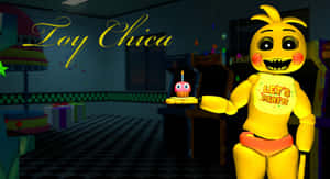 黃色電子動畫角色 Toy Chica 在黑暗的遊戲機中心手持生日杯子蛋糕。 — 雞丁 GIF 壁紙