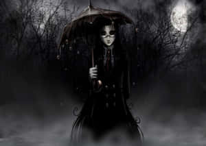 戴眼鏡的哥德式女性在滿月下夜晚的雨林中拿著雨傘。 — 暗黑動漫 壁紙