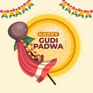 Gudi Padwa節日快樂問候，配有傳統gudi和花環。 — iPad Air 壁紙