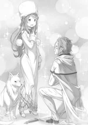 戴冬季帽的動漫女孩和跪在狐狸旁邊的男孩，帶有閃光。 — iPad Pro 11 壁紙