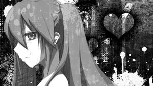 長髮動漫女孩在帶有心形的污漬背景前哭泣。 — 黑白動漫 壁紙