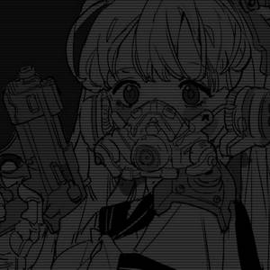 單色草圖風格的動漫女孩戴防毒面具手持科幻武器 — 鬼滅之刃面具 壁紙