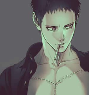 動漫男子嘴裡叼著香煙，軀幹有縫合痕跡，背景為灰色。 — Galaxy Z Flip7 FE 壁紙