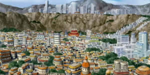 動漫城市，傳統與現代建築並存，背景是雕刻著巨大面孔的懸崖。 — 火影忍者美學 壁紙