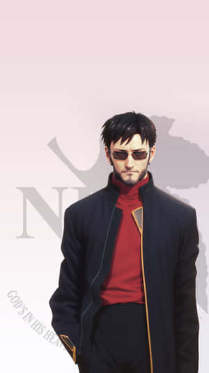動漫男人穿著黑色外套和紅色高領毛衣，戴太陽眼鏡，背景粉紅色。 — 源氏 GIF 壁紙