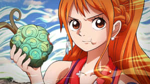 橙色頭髮的動漫女孩在藍天下拿著一個綠色螺旋水果。 — 惡魔 壁紙