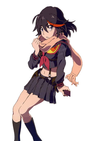 動漫女孩穿著深色校服，戴著紅色圍巾和頭帶，擺出動態姿勢。 — 動漫打鬥 壁紙
