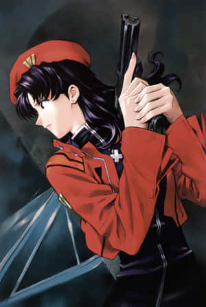 身穿紅色制服的動漫女孩在黑暗環境中，表情嚴肅地握著手槍。 — POCO Pad 壁紙