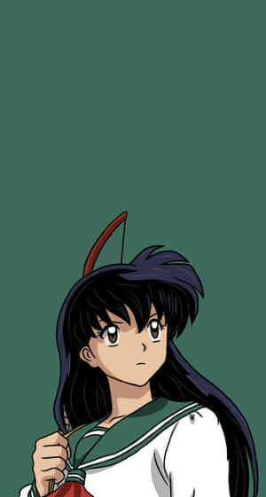 動漫女孩穿著綠色水手服，黑髮和紅色箭頭髮夾 — 火之神神樂 壁紙