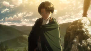 動漫角色在夕陽下的懸崖上，眺望群山 — 里維·阿卡曼 GIF 壁紙
