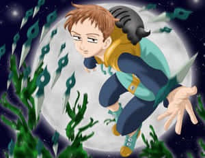 戴著有角頭盔的動畫男孩在夜空中跳躍，伴隨著月亮和發光的綠色刀片。 — 七大罪 壁紙