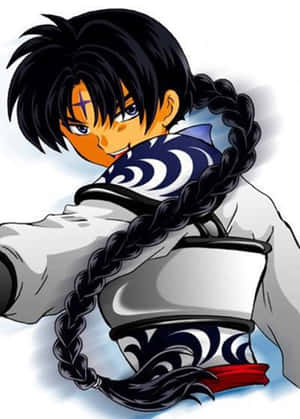 長黑色辮子和橙色臉部標記的動畫男孩擺出戰鬥姿勢。 — 武士Champloo 壁紙