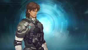 動畫士兵穿著未來裝甲站在發光的藍色傳送門前。 — 攻殼機動隊 GIF 壁紙