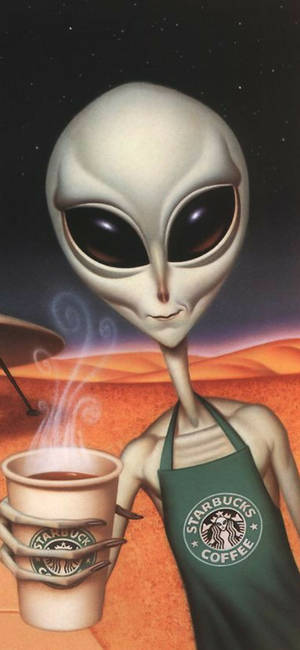 外星人穿著星巴克圍裙在沙漠中星空下拿著咖啡杯 — 太空 壁紙