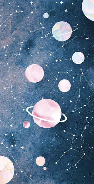 粉彩行星和星座漂浮在夢幻的藍色宇宙天空中。 — 月色夜空 壁紙