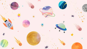 色彩繽紛的水彩行星、火箭和星星漂浮在粉彩粉紅色的太空中。 — 星際寶貝 壁紙