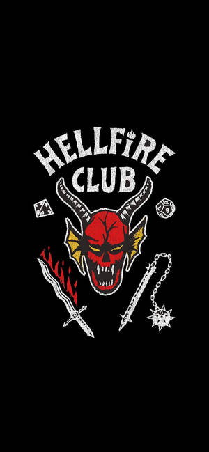 Hellfire Club 標誌，以紅色惡魔頭骨、角和武器為特色，背景為黑色。 — iPhone 11 壁紙