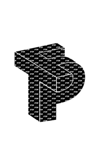 白色背景上內部帶有重複FTP文字的黑色3D字母P。 — 5120x1440 壁紙