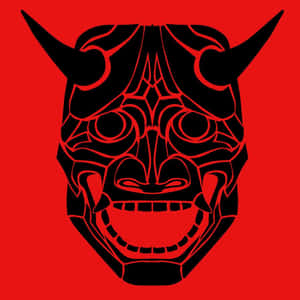 黑色鬼面具，有角和詳細圖案，紅色背景 — 日本武士 壁紙