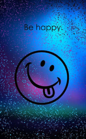 一個頑皮伸出舌頭的笑臉，在閃爍的宇宙背景上，帶有文字 'Be happy'。 — Nubia Flip2 壁紙