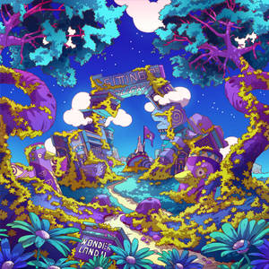 一個充滿活力的幻想場景，有紫色的樹木、發光的花朵和一個在星空下破舊的拱門。 — 藝術 壁紙