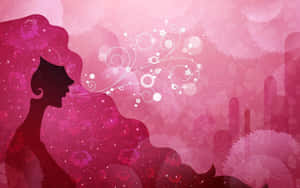 一個女人的剪影，在粉紅抽象設計中呼出花卉漩渦。 — 淺粉紅色美學動圖 壁紙