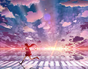 女孩在充滿活力的日落天空下跑過發光的人行橫道。 — 唯美雲朵動態 壁紙